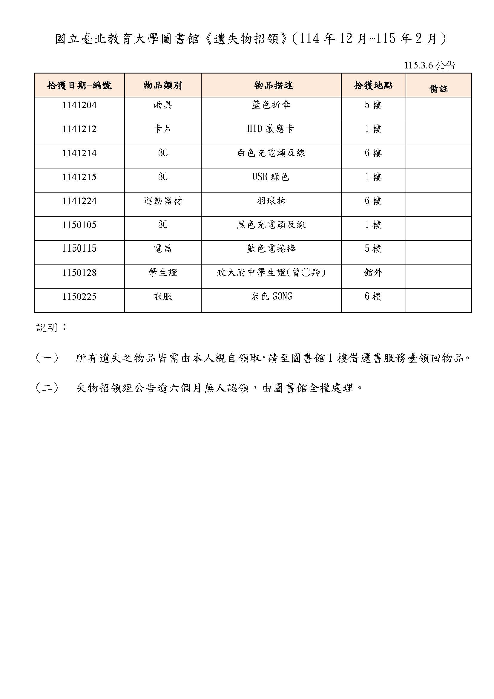 114年12月-115年2月遺失物招領清單